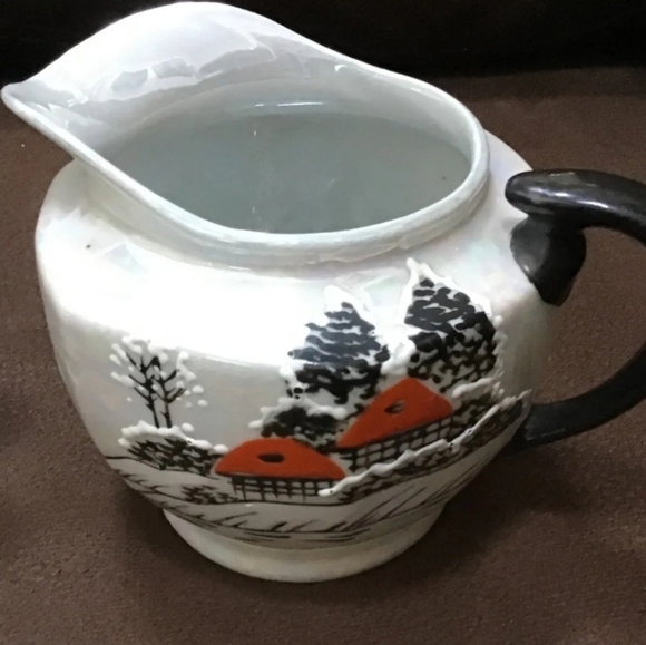 Japanese hand painting teapot Sugar Bowl W/lid And Creamer Pearlescent Village - Picture 3 of 10